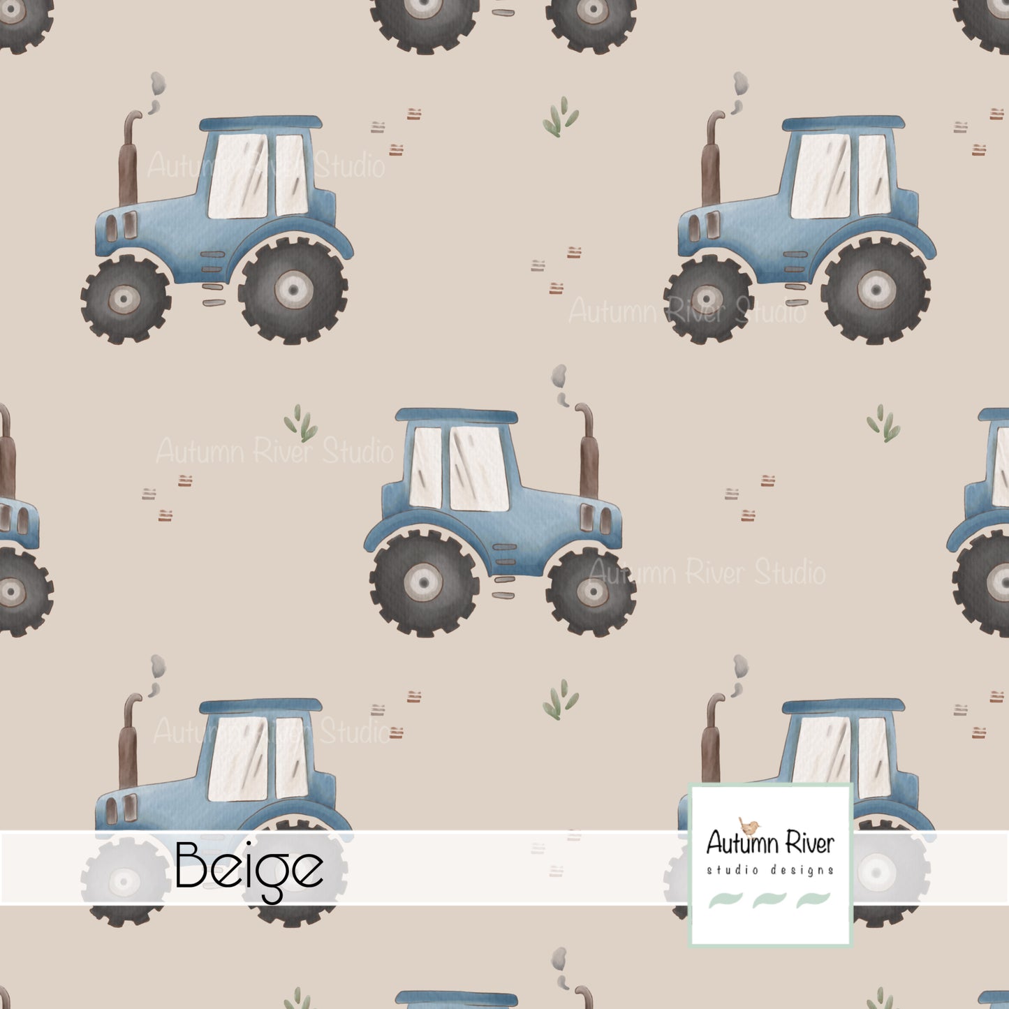 Autumn River Studio - Blue Tractors on Beige - Coordinating Fabric Available