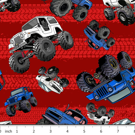 Bonnie's Boujee Designs - Monster Trucks on Red - 4th of July - Patriotic - Little Rhody Sewing Co.