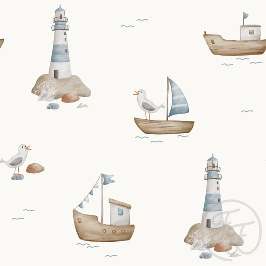 Coming Soon - Autumn River Studio - Boats and Lighthouses - 220 gsm Jersey - Expected to Stock Week of April 28th - Little Rhody Sewing Co.