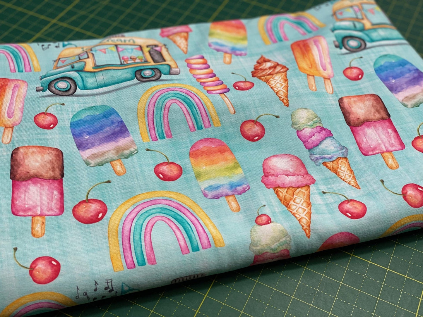 In Stock -Ice Cream Truck - Reactive-printed Jersey - by the 1/2 yd - Little Rhody Sewing Co.