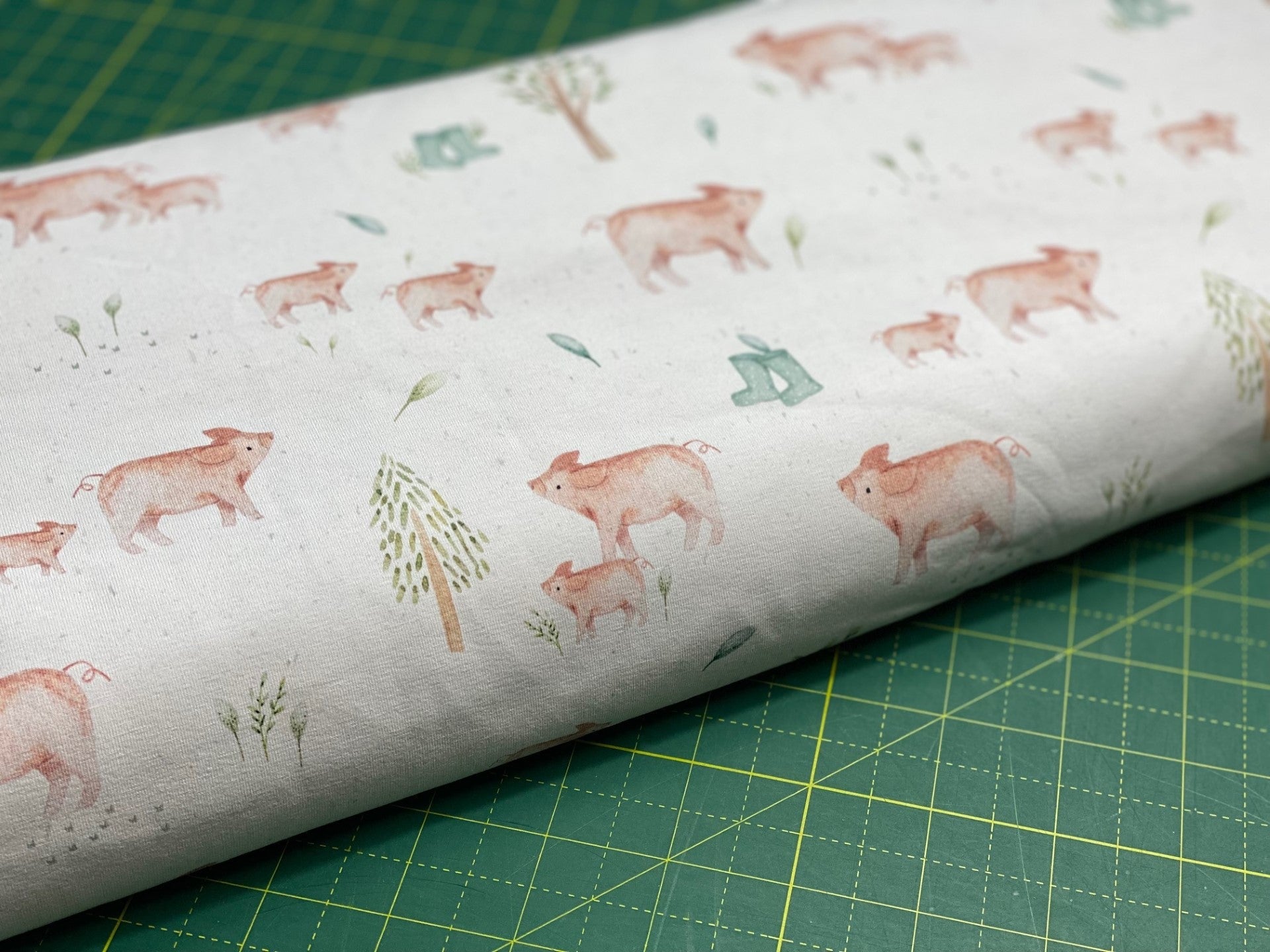 In Stock - Lumelo and Ginger - Piglets on Ginger's Farm - Reactive-Printed Jersey - by the 1/2 yd - Little Rhody Sewing Co.