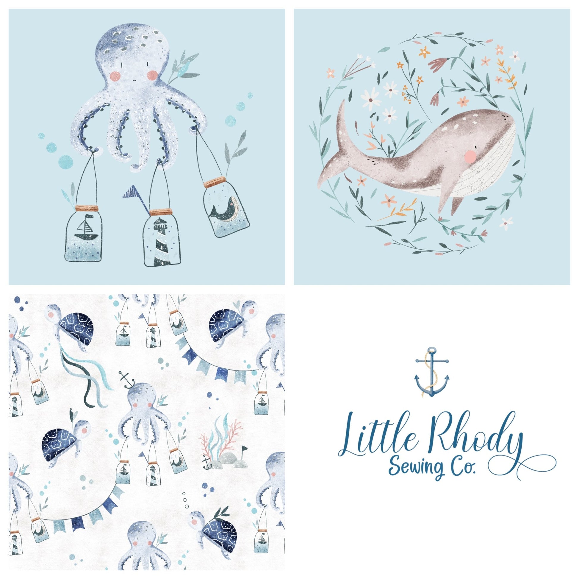Adorable Octopus Panels - Claire Eddie Art - Cotton Lycra Jersey - 2 Panel Rapport - Little Rhody Sewing Co.