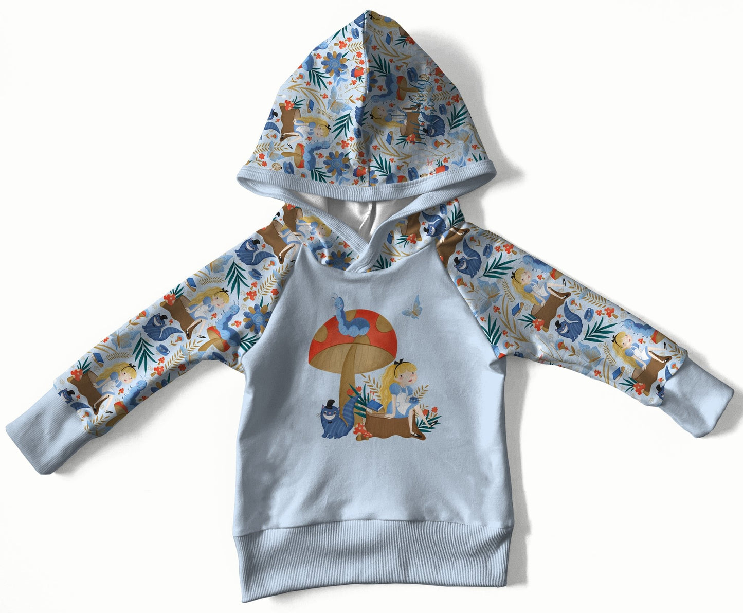 Light blue hoodie with an Alice in Wonderland print