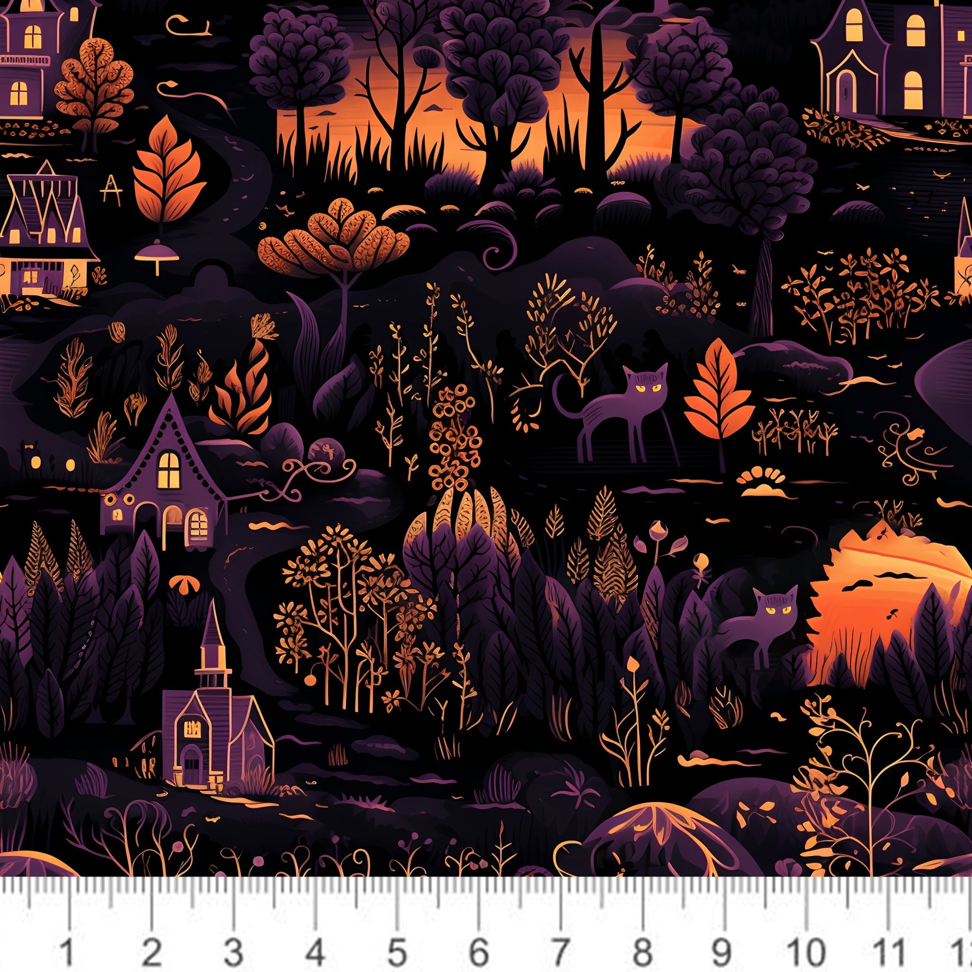Autumn Village with Cats - Purple - Black - Orange - Little Rhody Sewing Co.