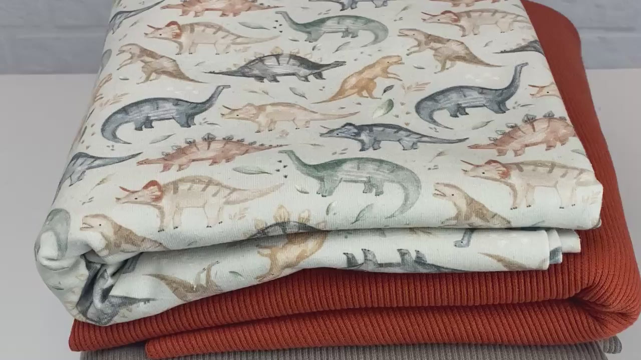 Video of dinosaurs on grass and matching rib knit fabric