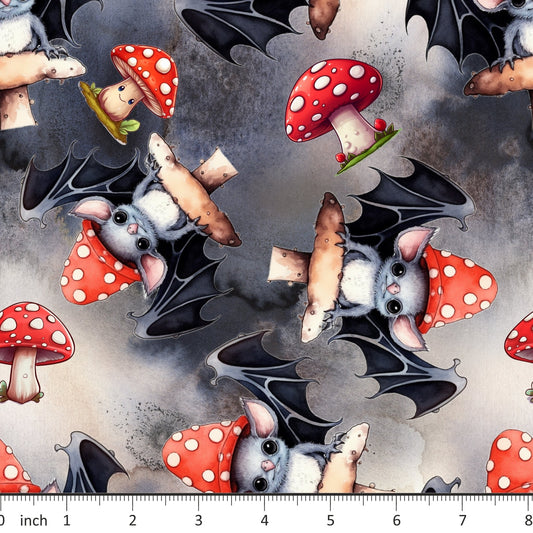 Bonnie's Boujee Designs - Mushroom Bats on Grey - Little Rhody Sewing Co.