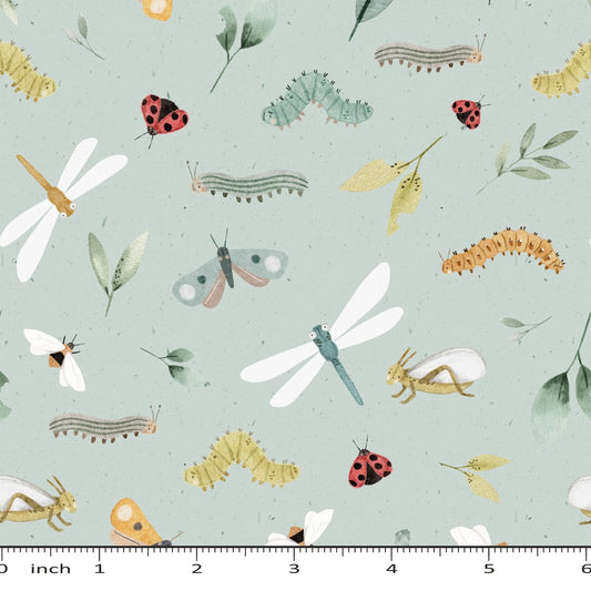 Bug School on Mint - Lumelo and Ginger - Cotton Lycra Jersey - By the 1/2 Yard - Little Rhody Sewing Co.