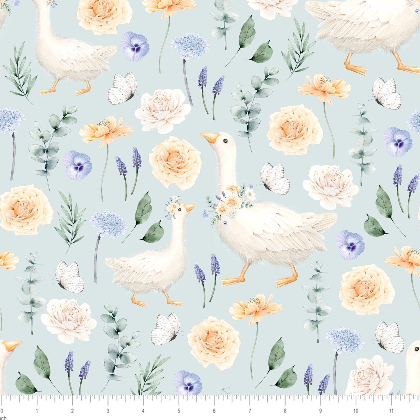 Debbie Monson- Feather & Blooms - Geese - Floral - Spring - on light blue - Little Rhody Colorway Exclusive! - Little Rhody Sewing Co.