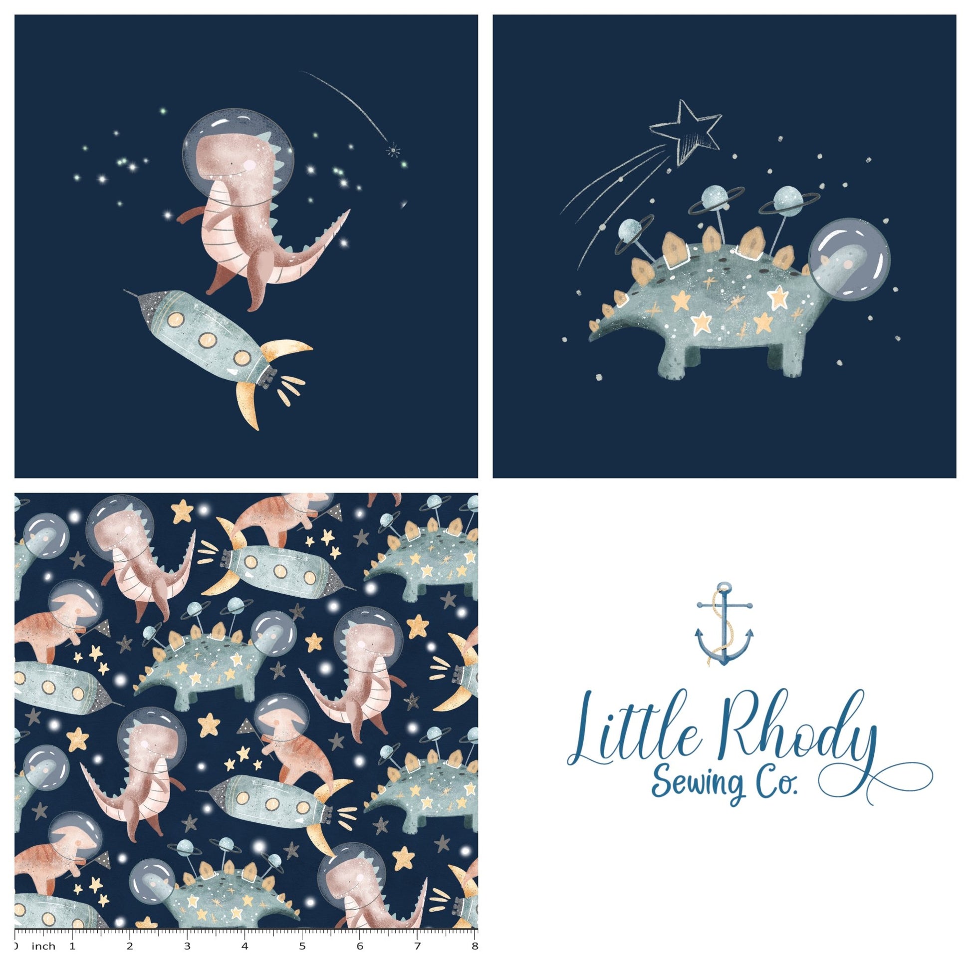 Dinos in Space - Claire Eddie Art - Cotton Lycra Jersey - Panel Rapport - Little Rhody Sewing Co.