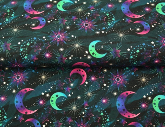 Euro Knits - Bright Moons and Stars - French Terry - By the 1/2 Yard - Little Rhody Sewing Co.