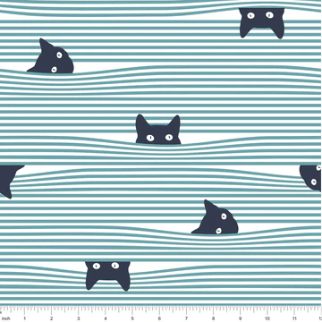 In Stock - French Terry - Montana West Designs- Cats in Blinds - Teal Stripe - Little Rhody Sewing Co.