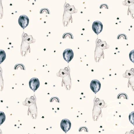 In Stock - Koalas Balloons Blue Off White - 220 gsm Jersey - Little Rhody Sewing Co.