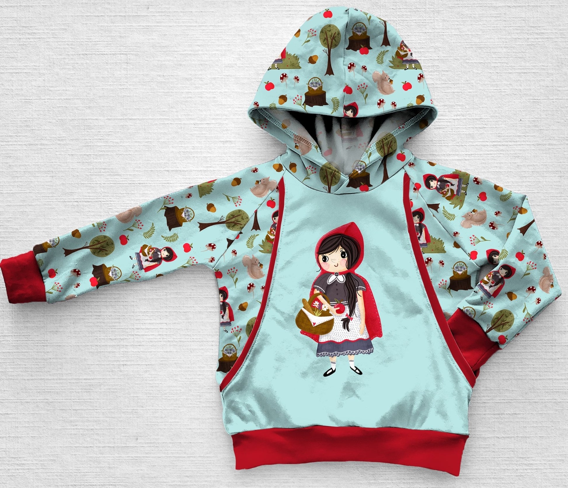 mint colored hoodie with little red riding hood printed fabric 