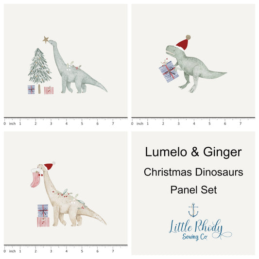 Lumelo and Ginger - Christmas Dinosaurs - on Ecru - 3 Panel Set - 3 Panel Rapport - Little Rhody Sewing Co.