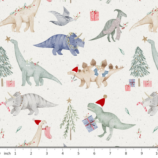 Lumelo and Ginger - Christmas Dinosaurs - on Ecru - Little Rhody Sewing Co.