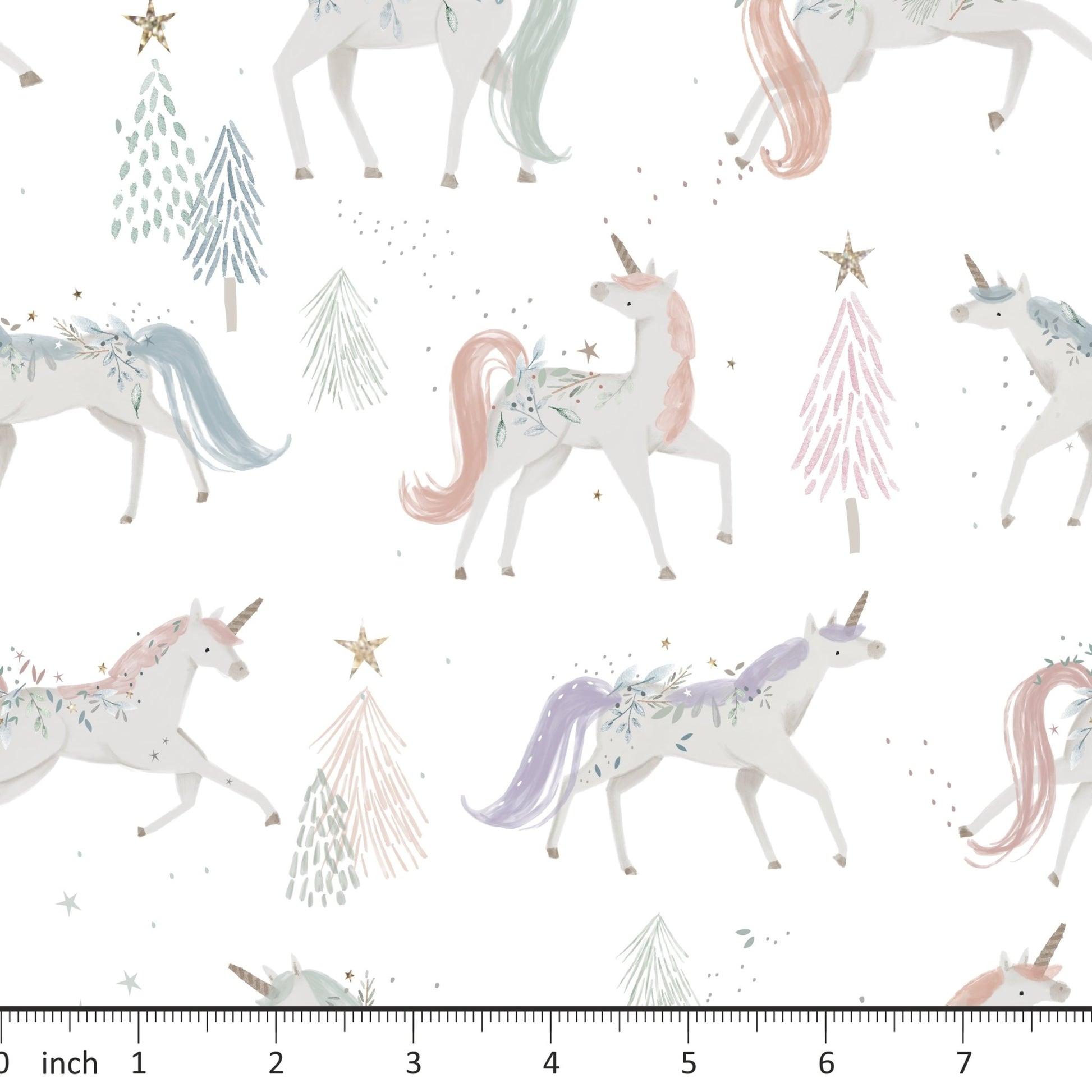 Lumelo and Ginger - Corin - Christmas Forest - Unicorn - on Off-white - Little Rhody Sewing Co.