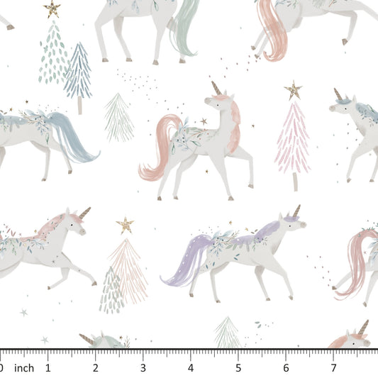 Lumelo and Ginger - Corin - Christmas Forest - Unicorn - on Off-white - Little Rhody Sewing Co.