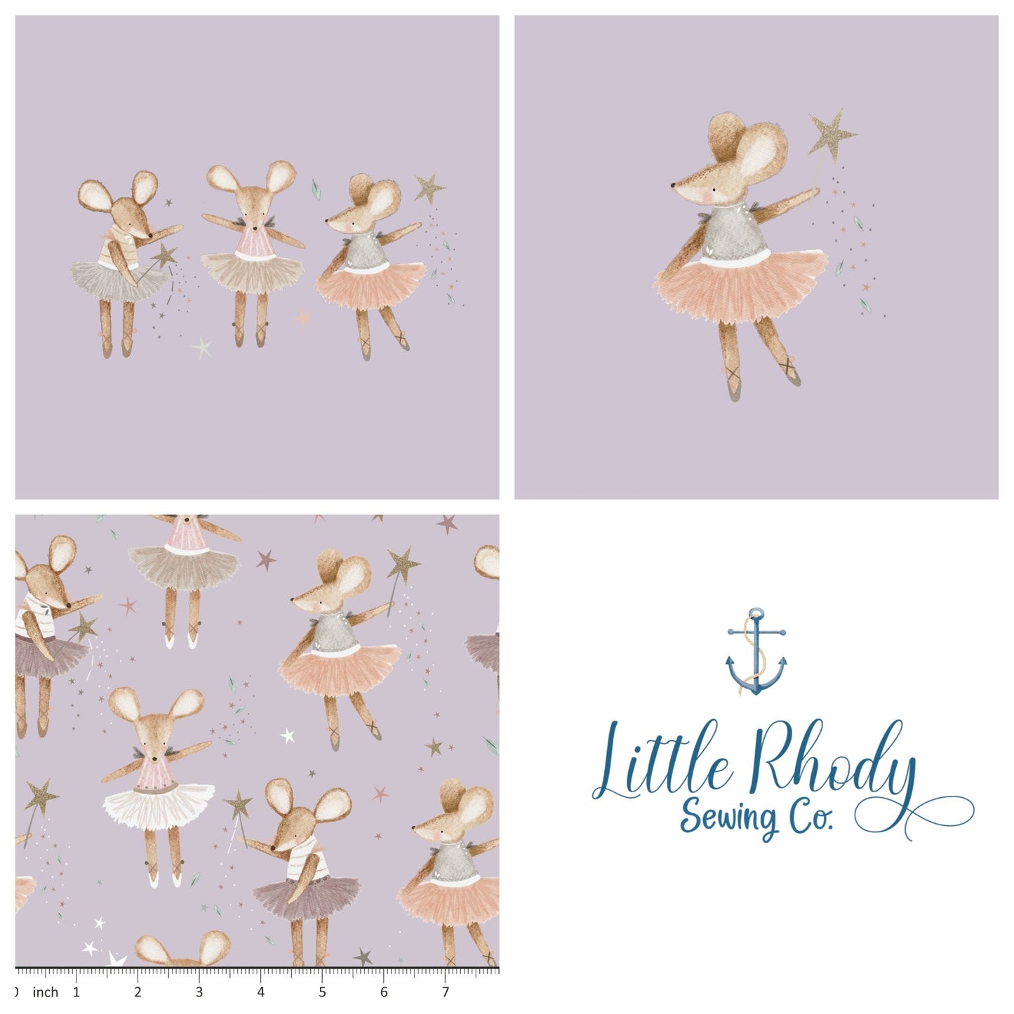 Lumelo and Ginger - Dottie on Lavender 3 Panel Set - 3 Panel Rapport - Mouse Ballet - Mice Ballet - Little Rhody Sewing Co.