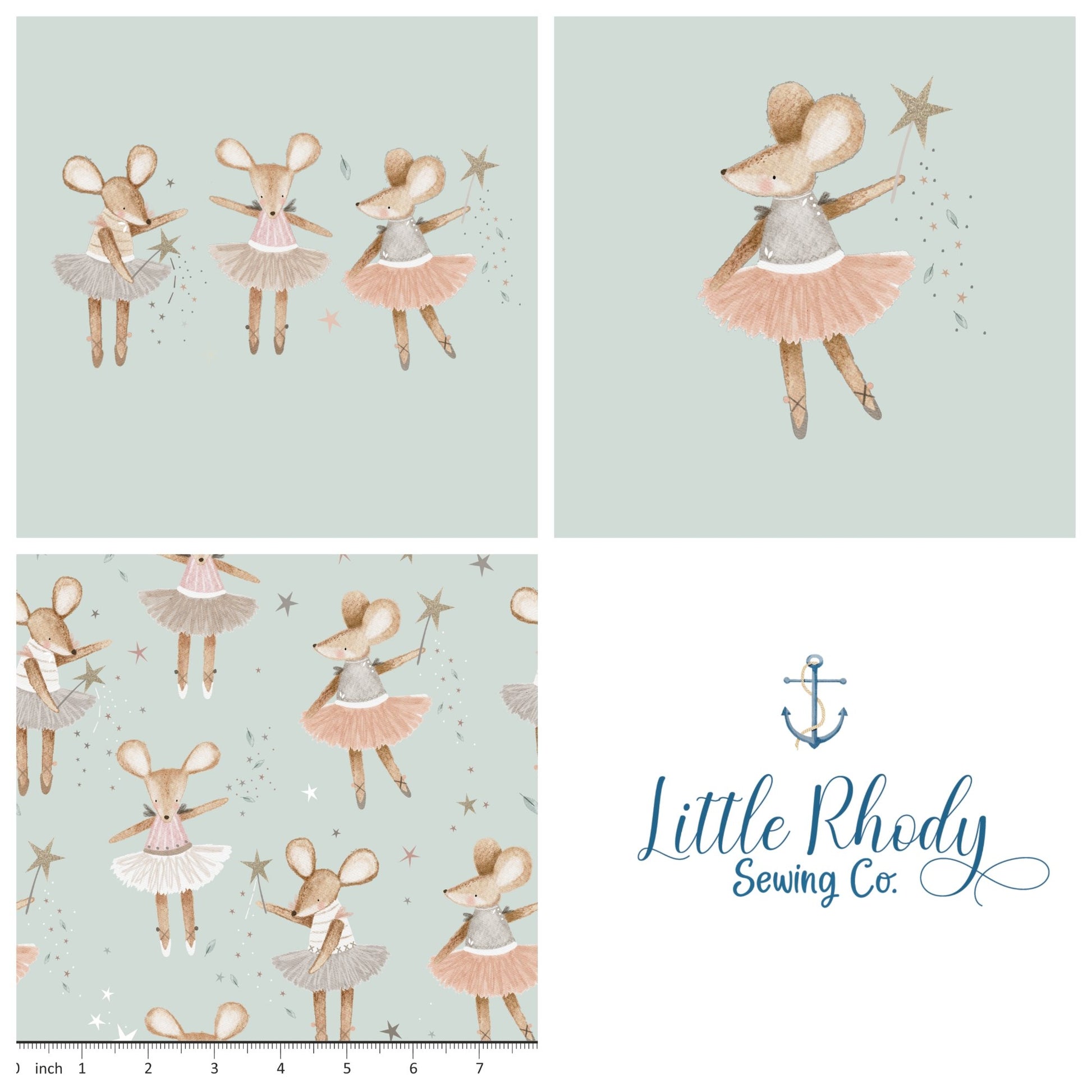 Lumelo and Ginger - Dottie on Mint 3 Panel Set - 3 Panel Rapport - Mouse Ballet - Mice Ballet - Little Rhody Sewing Co.