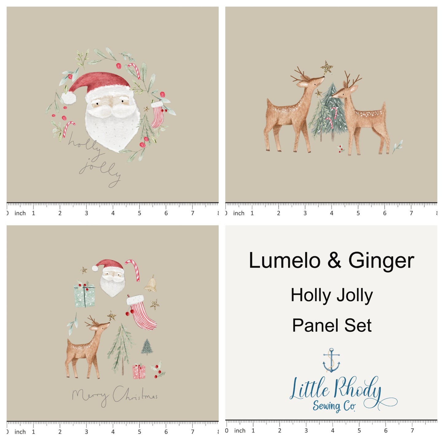 Lumelo and Ginger - Holly Jolly - on Jute - 3 Panel Set - 3 Panel Rapport - Little Rhody Sewing Co.