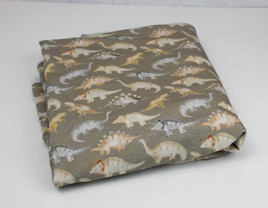 Lumelo and Ginger - Roam on Fossil - Dinosaurs on Dark Taupe - Little Rhody Sewing Co.