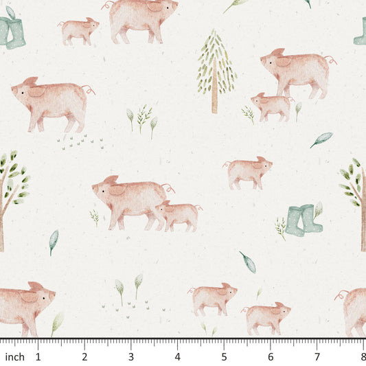 Lumelo and Ginger -Spring at Ginger's - Pigs - Piglet - on Ecru - Little Rhody Sewing Co.