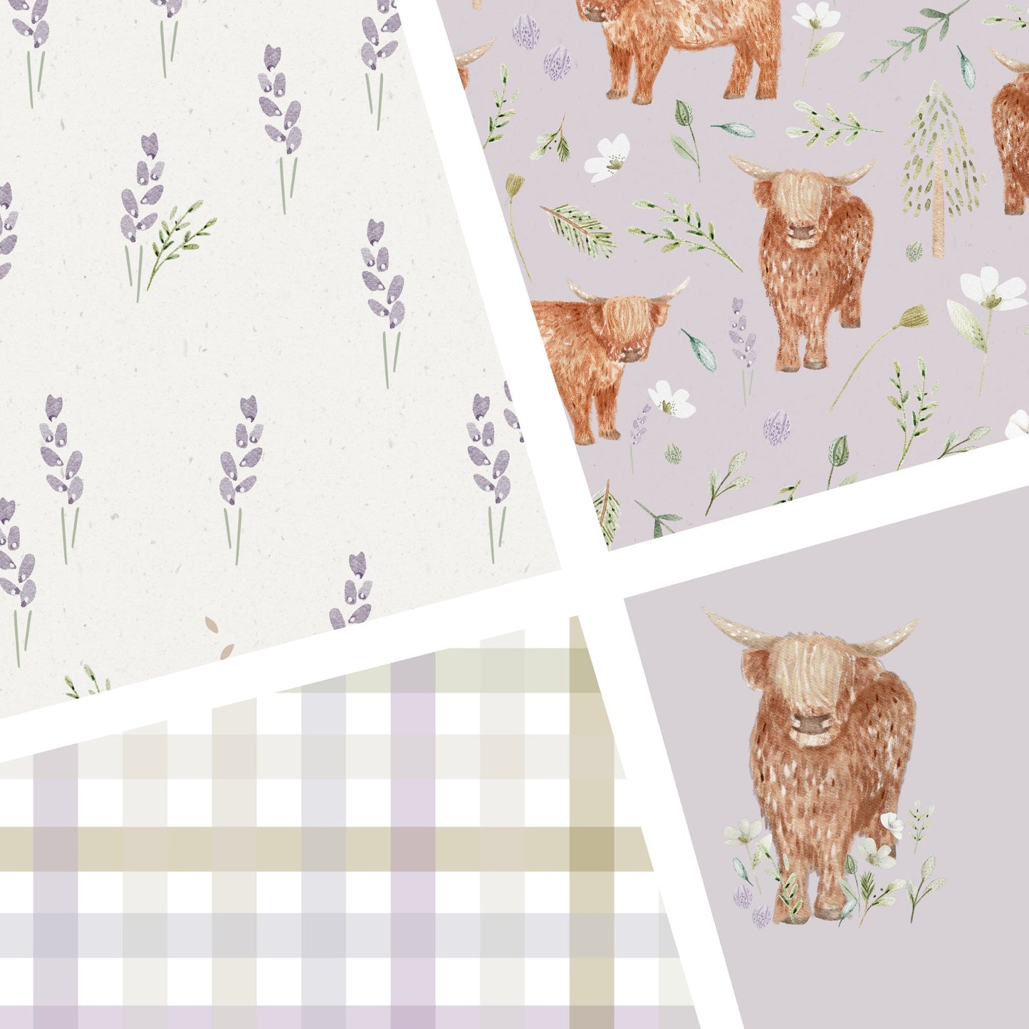 Lumelo and Ginger -Thistle - HIghland Cow - on Dusty Lavender - Little Rhody Sewing Co.