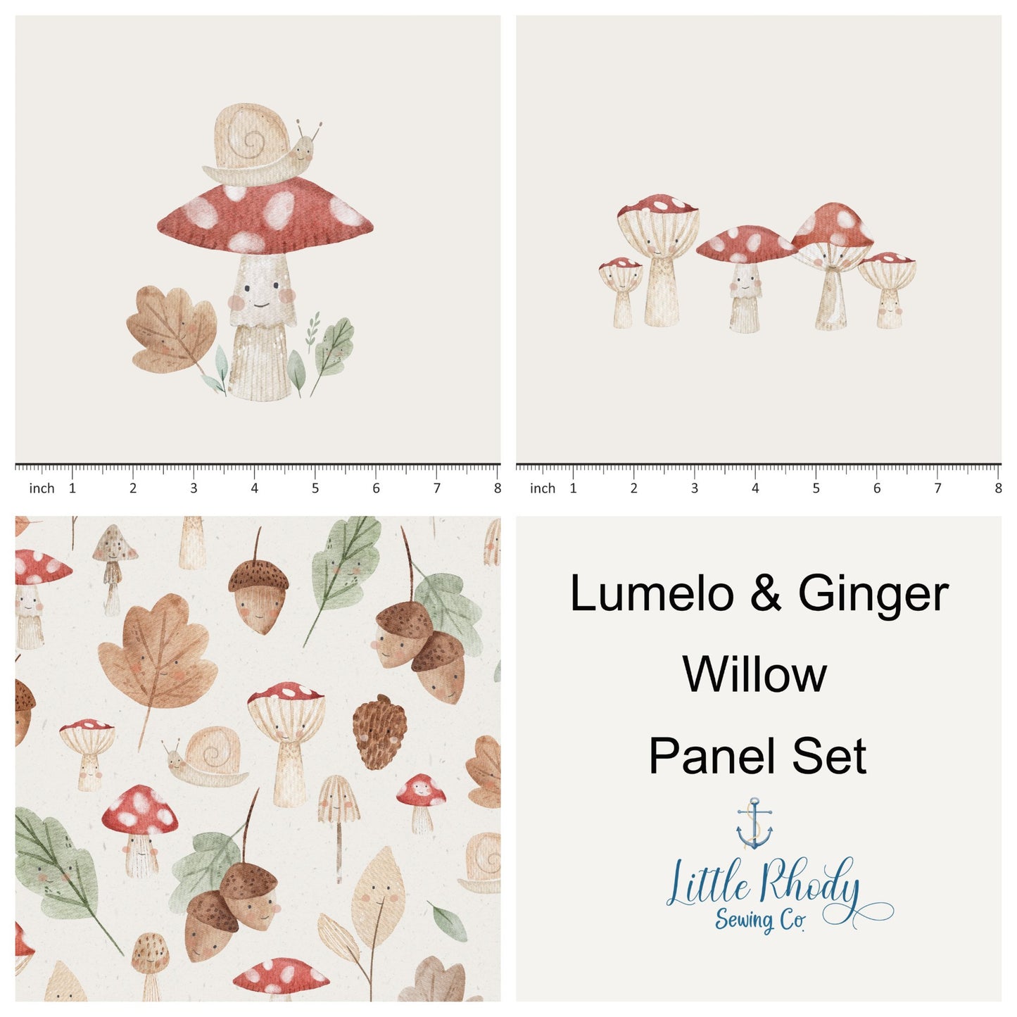 Lumelo and Ginger -Willow - on Ecru - 3 Panel Set - 3 Panel Rapport - Little Rhody Sewing Co.