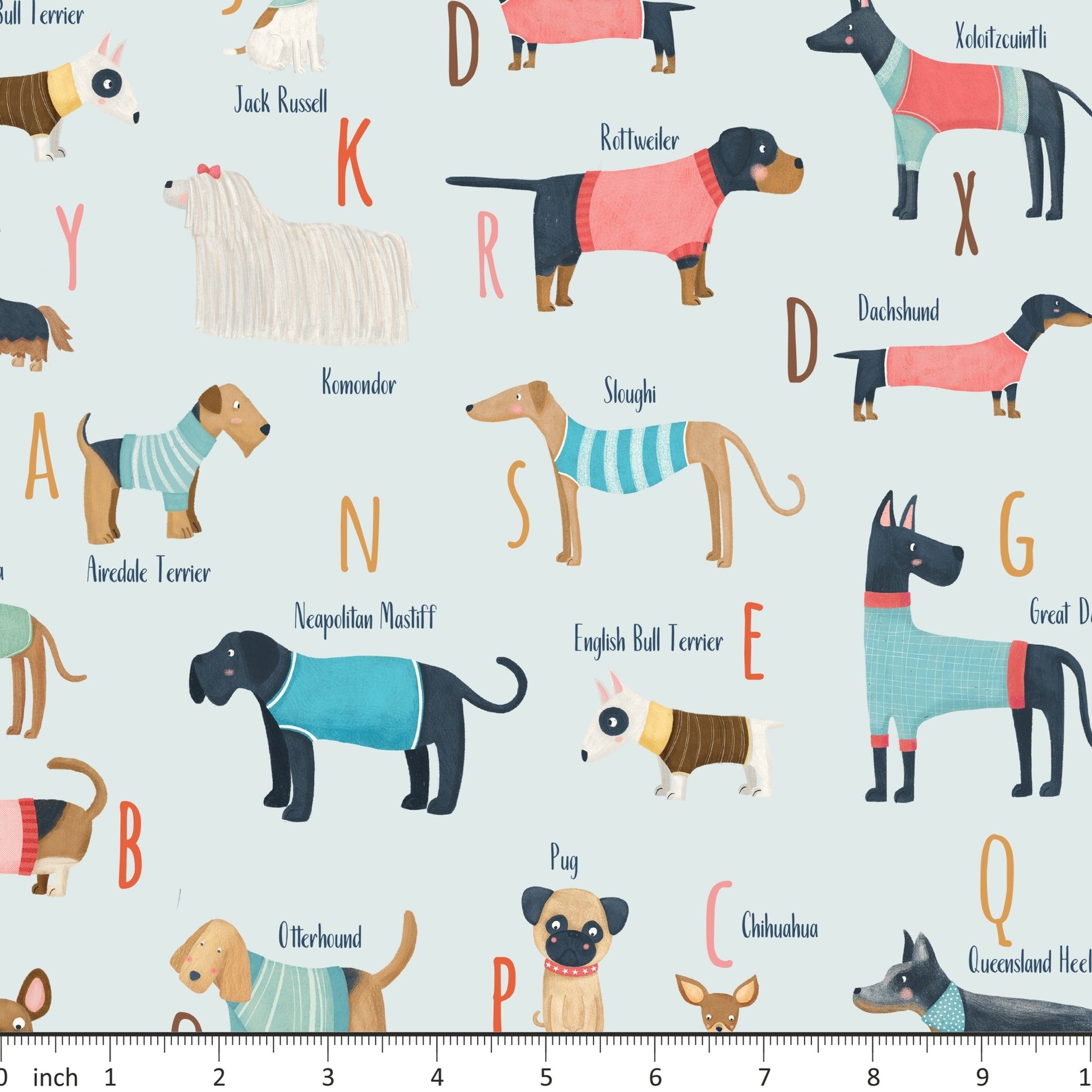 Marta Munn Designs - Alphabet Dogs - on Blue - Little Rhody Sewing Co.