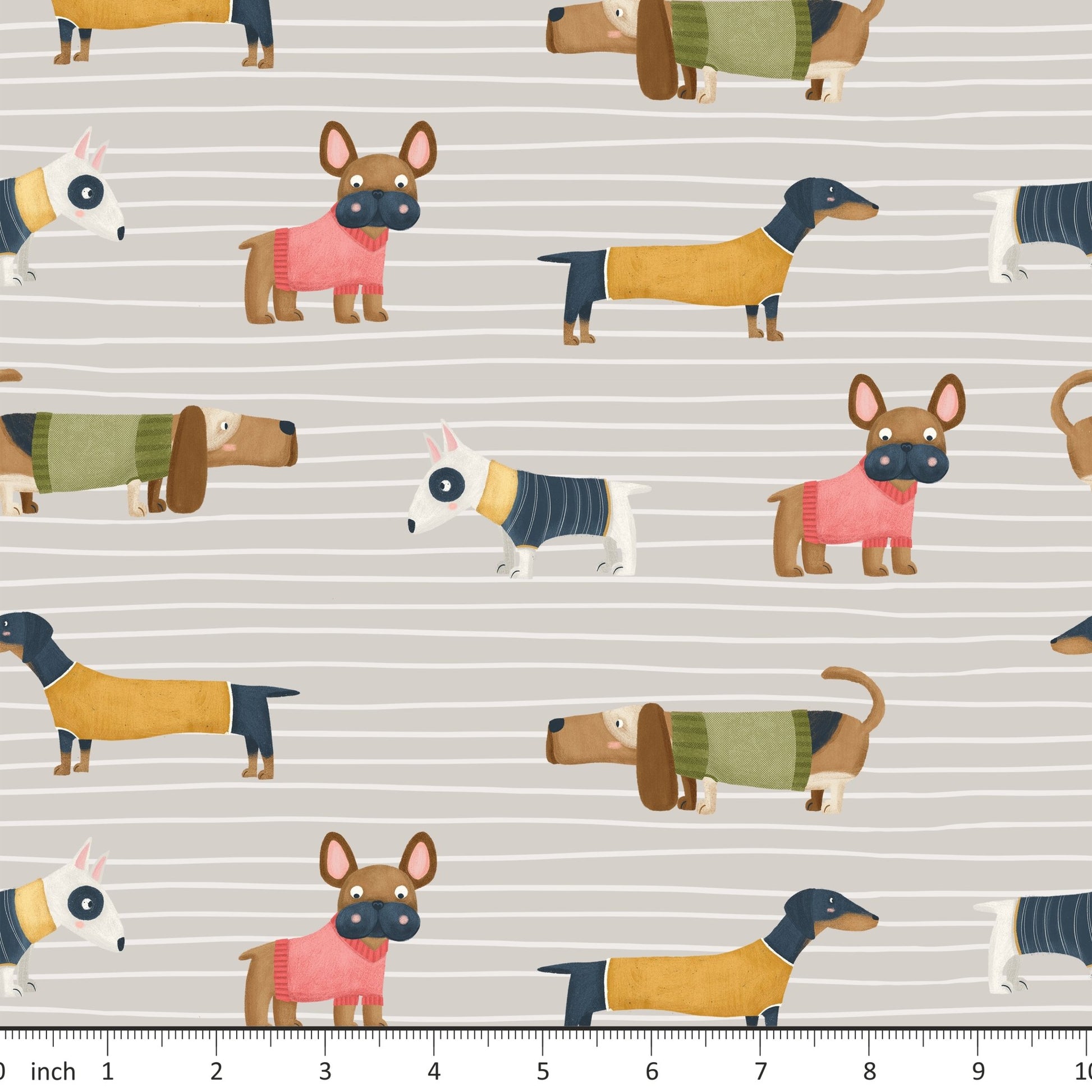 Marta Munn Designs - Dogs - on Gray - Stripes - Little Rhody Sewing Co.