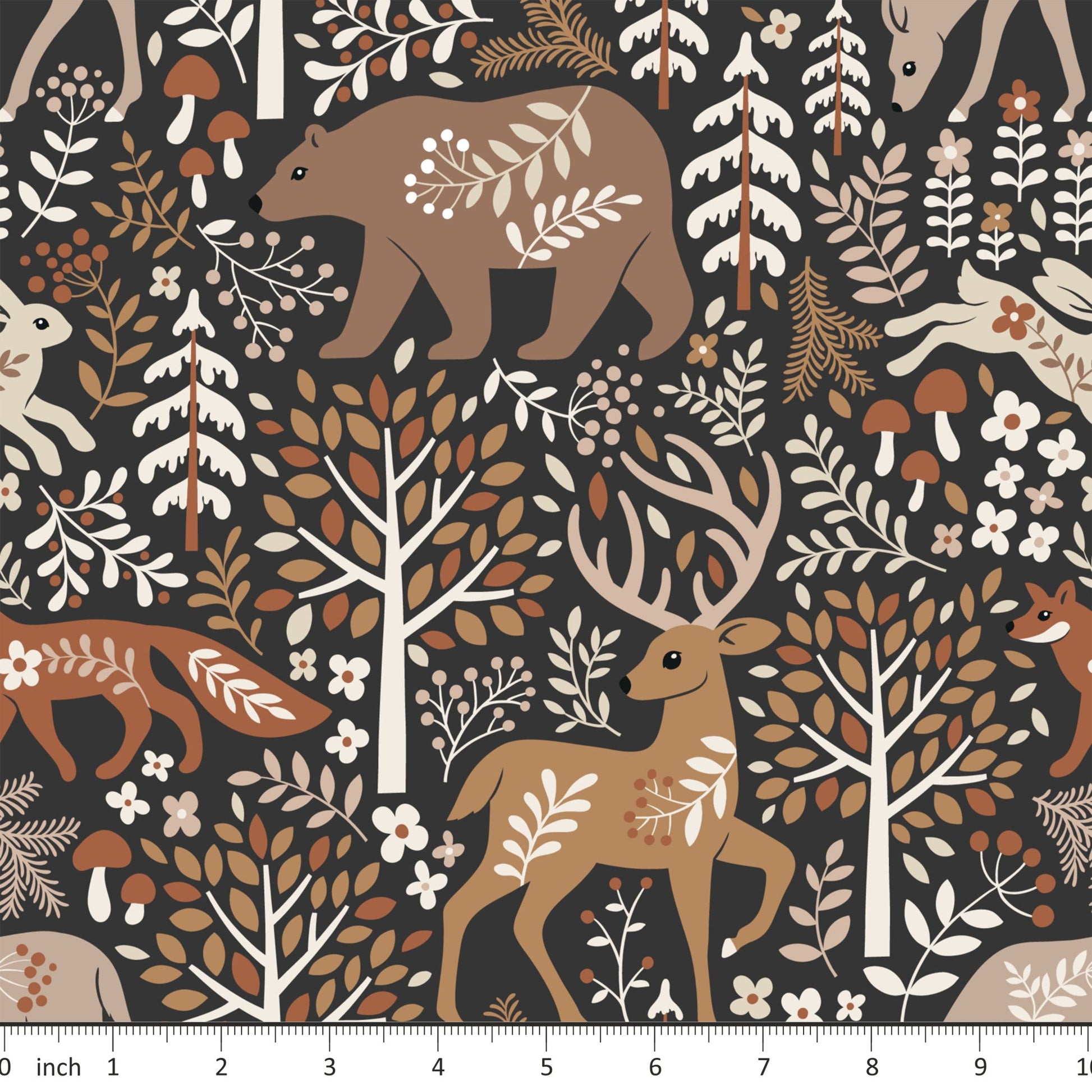 Mirabelle Print - Folk Forest Animals - on Dark Brown - Little Rhody Sewing Co.