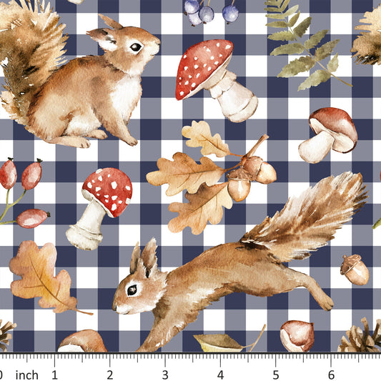 Mirabelle Print - Hazel - on Navy Gingham - Squirrel - Mushrooms - Little Rhody Exclusive Colorway! - Little Rhody Sewing Co.