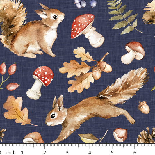 Mirabelle Print - Hazel - on Navy - Squirrel - Mushrooms - Little Rhody Exclusive Colorway! - Little Rhody Sewing Co.