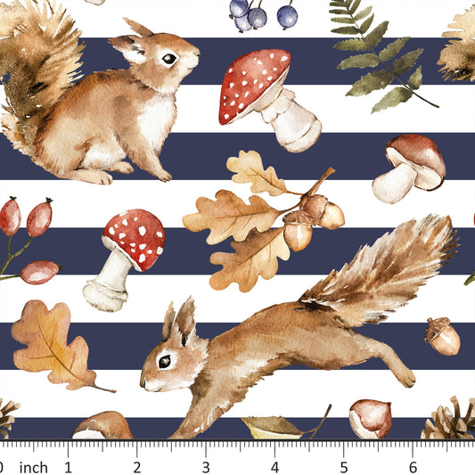 Mirabelle Print - Hazel - on Navy Stripe - Squirrel - Mushrooms - Little Rhody Exclusive Colorway! - Little Rhody Sewing Co.