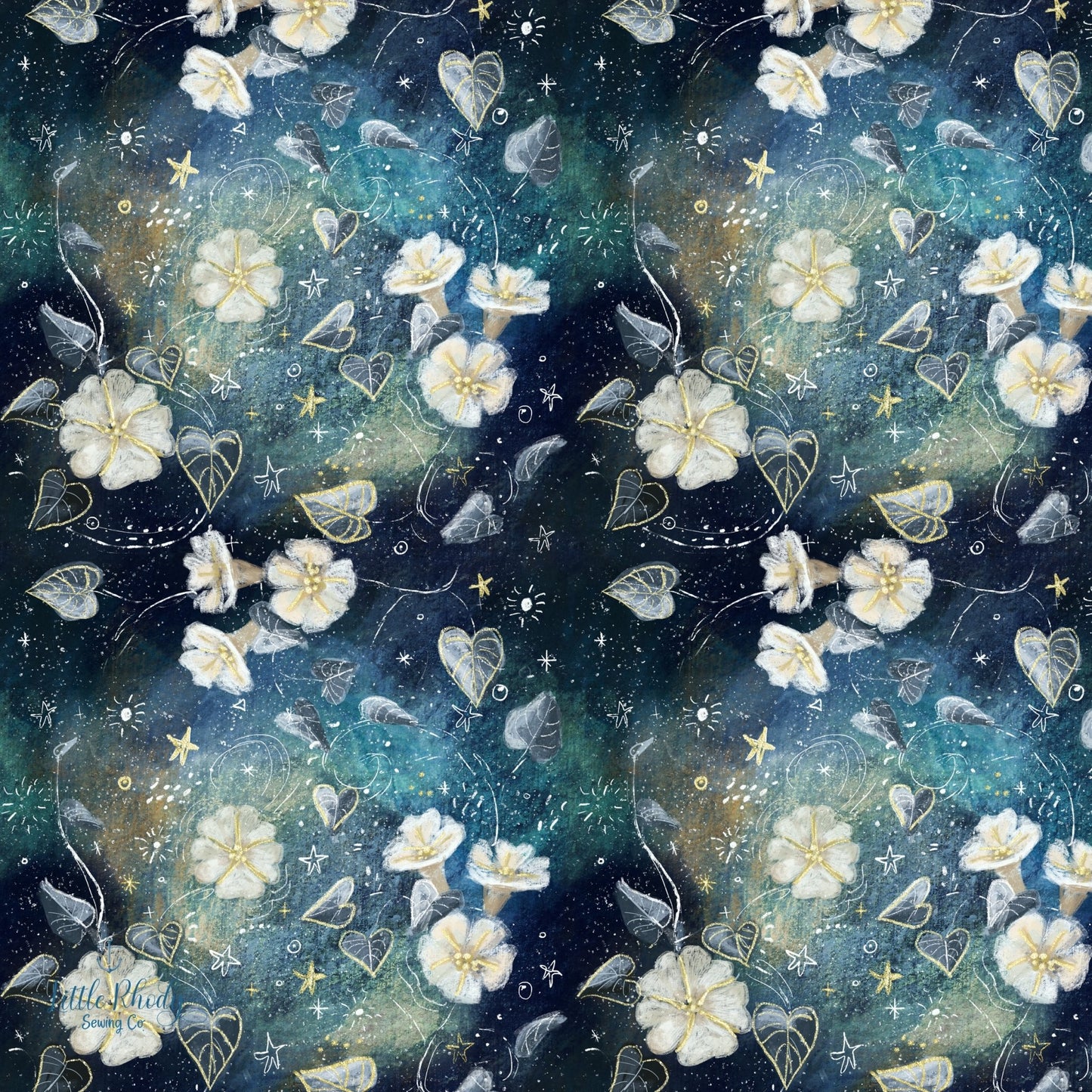 Moonflowers at Night - Tatra Cottage - Cotton Lycra Jersey - By the 1/2 Yard - Little Rhody Sewing Co.