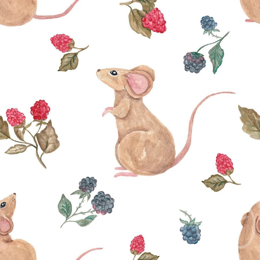 Mouse and Raspberries - 2 Layer Muslin - Crinkle Gauze - Little Rhody Sewing Co.