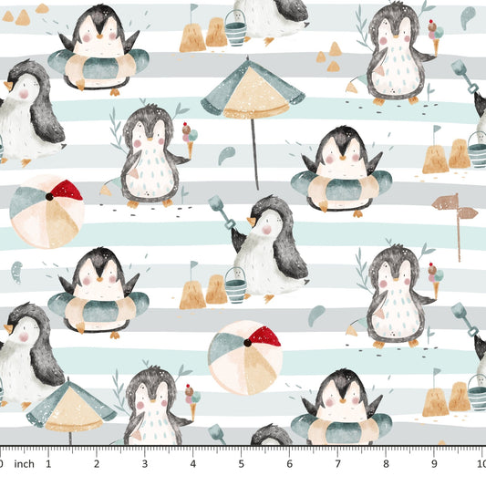 Penguins at The Beach - Claire Eddie Art - Cotton Lycra Jersey - By the 1/2 Yard - Little Rhody Sewing Co.