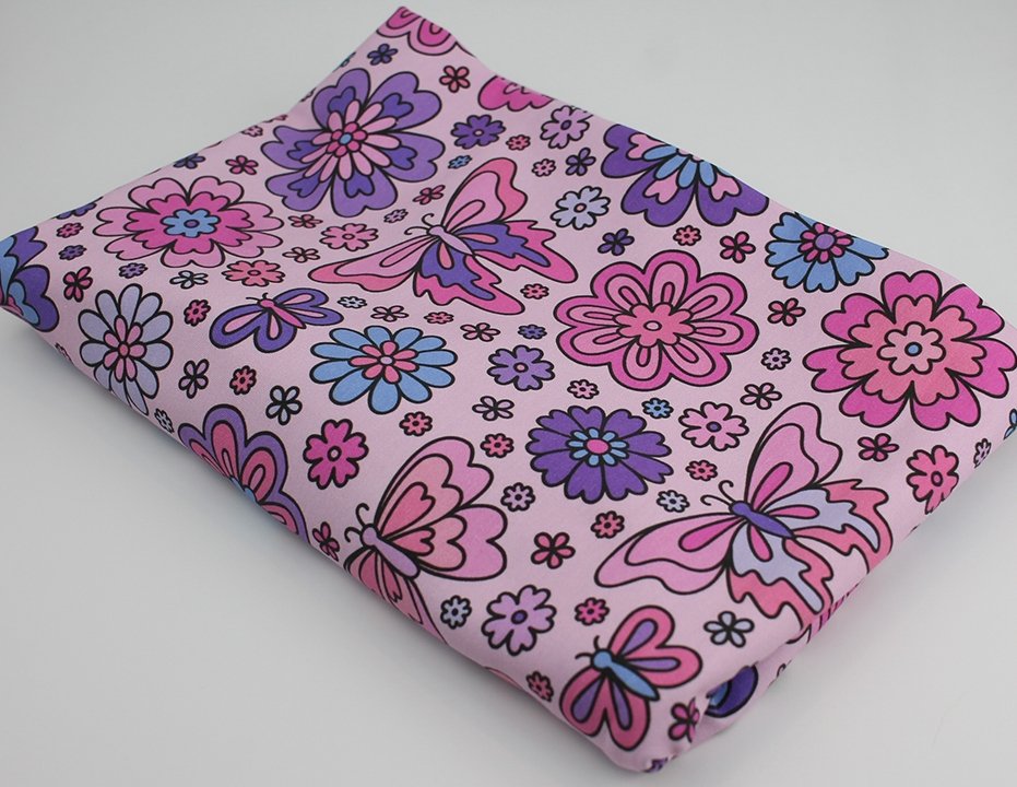 Purple Retro Butterfly Floral - MBM Creative - Cotton Lycra Jersey - By the 1/2 Yard - Little Rhody Sewing Co.