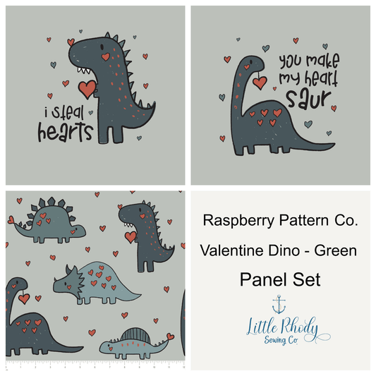 Raspberry Pattern Co. - Valentine's Day Dinosaurs - Green - 3 Panel Set - 3 Panel Rapport - Little Rhody Sewing Co.
