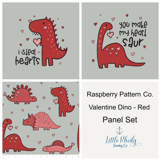 Raspberry Pattern Co. - Valentine's Day Dinosaurs - Red - 3 Panel Set - 3 Panel Rapport - Little Rhody Sewing Co.