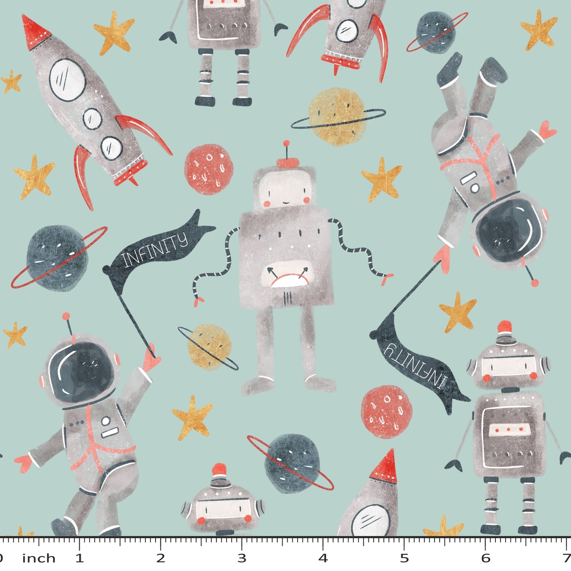 Robots in Space - Claire Eddie Art - Cotton Lycra Jersey - French Terry - By the 1/2 Yard - Little Rhody Sewing Co.