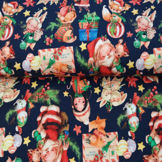 Vintage Christmas Santa on Navy - French Terry Fabric -By the 1/2 Yard - Little Rhody Sewing Co.