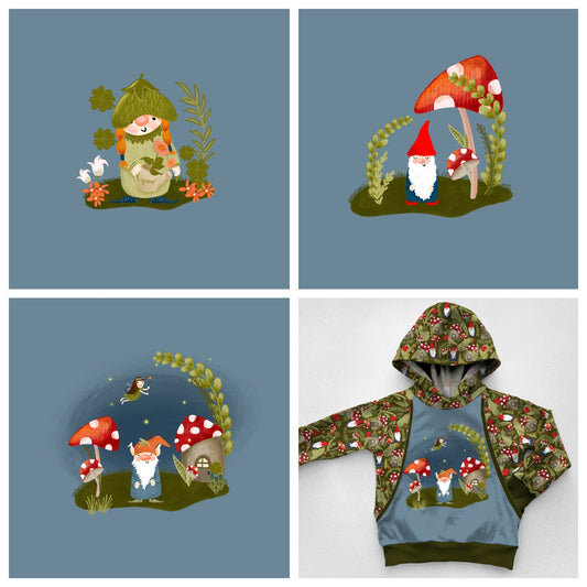 Woodland Gnomes - 3 Panel Set - Cotton Lycra Jersey - Little Rhody Sewing Co.